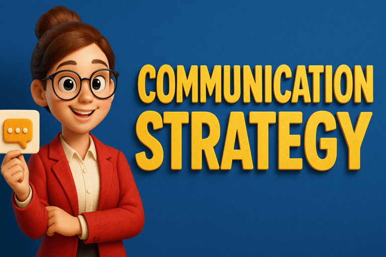 A structured project communication strategy diagram showing how information flows between stakeholders, project teams, and leadership, including key channels, frequency, and responsibilities.