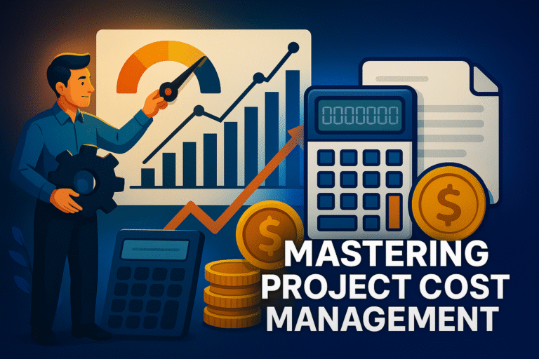 An infographic illustrating Project Cost Management, showing key elements such as cost estimation, budgeting, and cost control, all connected to ensure projects are delivered within approved financial limits.