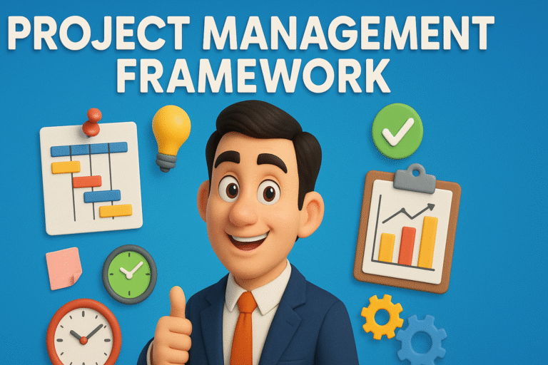 Diagram illustrating a structured project framework with interconnected phases showing planning, execution, monitoring, and delivery in a systematic flow.