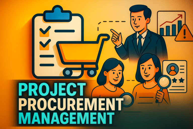 Illustration of Project Procurement Management showing the process of planning, acquiring, managing, and closing contracts with external vendors and suppliers to support project objectives.
