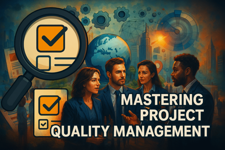 Illustration representing Project Quality Management, showing interconnected elements such as planning, assurance, and control, symbolizing how organizations ensure project deliverables meet defined standards and stakeholder expectations.