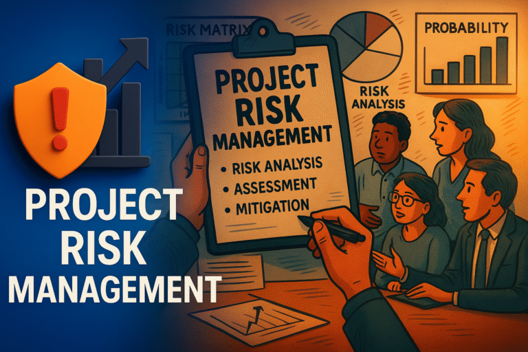 Project risk management concept showing risk assessment, mitigation strategies, and monitoring.
