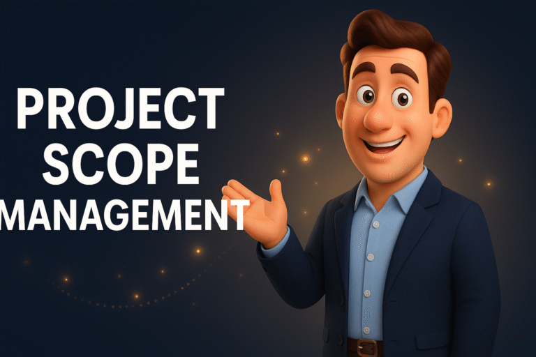 Project Scope Management guide cover with bold title text on a clean 16:9 layout, highlighting the importance of defining, controlling, and managing project scope to avoid scope creep.