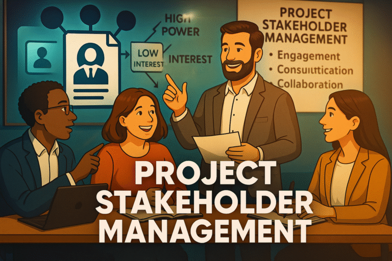 Stakeholder management concept: project manager coordinating communication, expectations, and roles across multiple stakeholders.