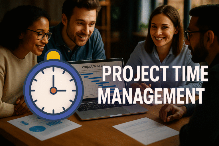 An infographic-style visual illustrating the concept of Project Time Management, showing tasks, schedules, deadlines, and milestones aligned on a timeline to highlight planning, monitoring, and controlling project activities for timely completion.
