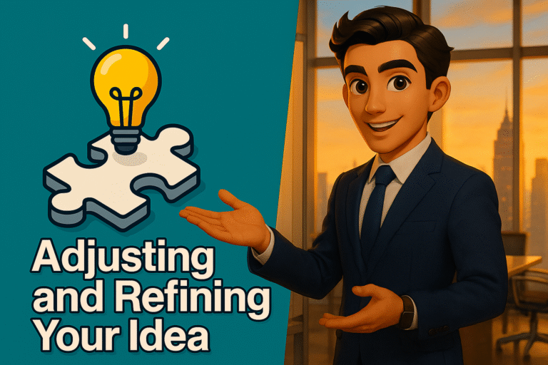 A minimalist graphic with the text “Idea Refinement Tips: Perfect Your Business Idea.” The design suggests brainstorming and polishing concepts, symbolizing guidance on improving and shaping a business idea to make it stronger and market-ready.