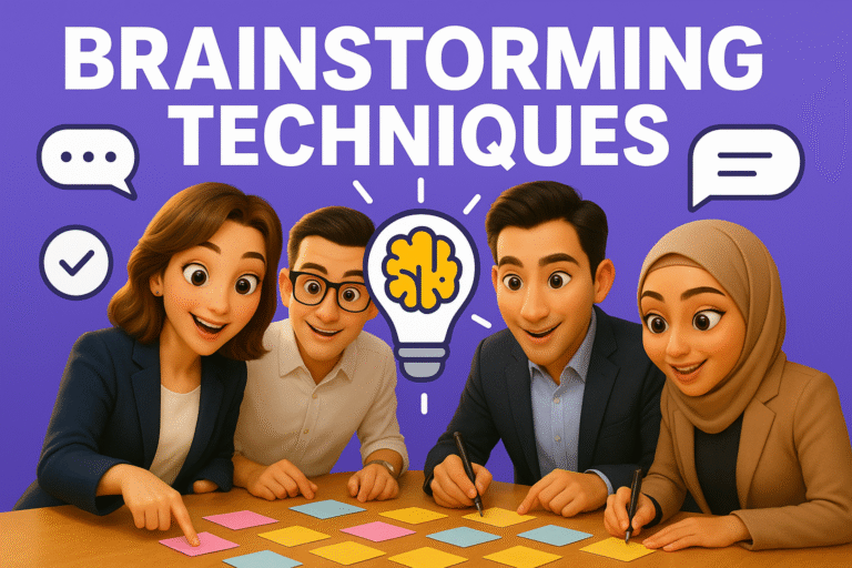 Illustration of brainstorming techniques and creative thinking strategies, showing people collaborating with light bulbs, sticky notes, and thought bubbles to represent idea generation and innovation.