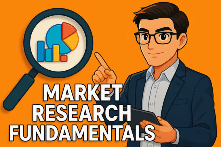 A professional presentation slide titled “Market Research Basics: Unlock Business Insights.” The design highlights the concept of business growth and decision-making through data, with a clean and modern layout suitable for training or educational content.