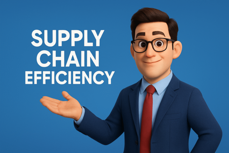 Illustration of FMCG supply chain optimization tools showing interconnected elements like manufacturing, warehousing, distribution, retail, and data analytics dashboards, emphasizing speed, efficiency, and cost savings in fast-moving consumer goods operations.