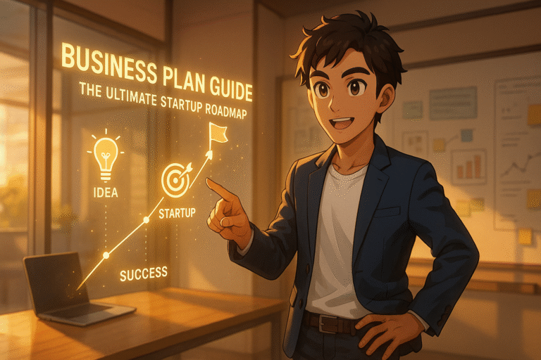 Business Plan Guide: The Ultimate Startup Roadmap, a confident male entrepreneur in a modern workspace, symbolizing strategy, planning, and startup success.