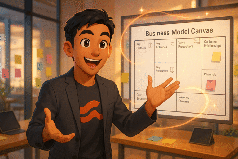 A workshop poster titled ‘Business Model Canvas Workshop: Build Your Success Plan’ showing a structured layout with colorful sections representing key elements of a business model—value propositions, customer segments, channels, revenue streams, cost structure, and more—designed to help entrepreneurs and professionals map out their success plan.