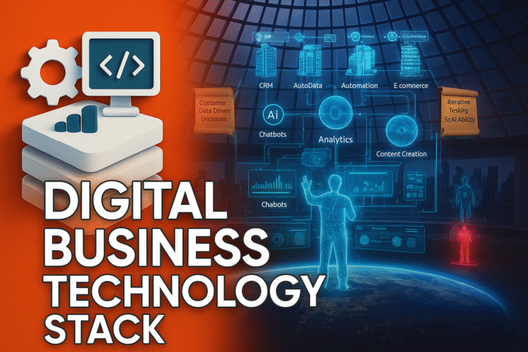 A layered technology stack diagram illustrating the key components required for digital business growth and success. The stack includes foundational infrastructure (cloud, hosting, and cybersecurity), core platforms (CRM, ERP, LMS, and e-commerce), integration and automation tools (APIs, workflow automation, and data pipelines), customer engagement systems (websites, mobile apps, social media, and marketing automation), and advanced growth enablers (AI, analytics, personalization, and business intelligence). The design emphasizes alignment, scalability, and innovation to drive business transformation.