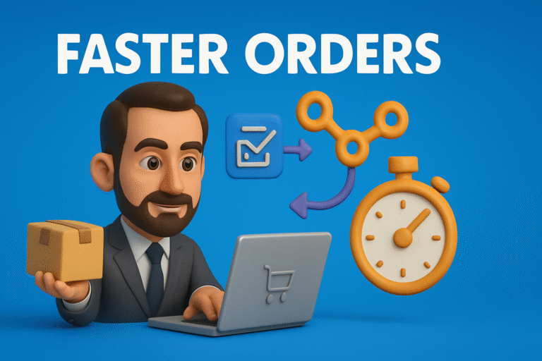 Illustration showing e-commerce webhooks automation speeding up online orders. An online store sends instant order notifications to connected apps, triggering automatic actions like inventory updates, payment confirmations, and shipping labels—streamlining the process for faster fulfillment.