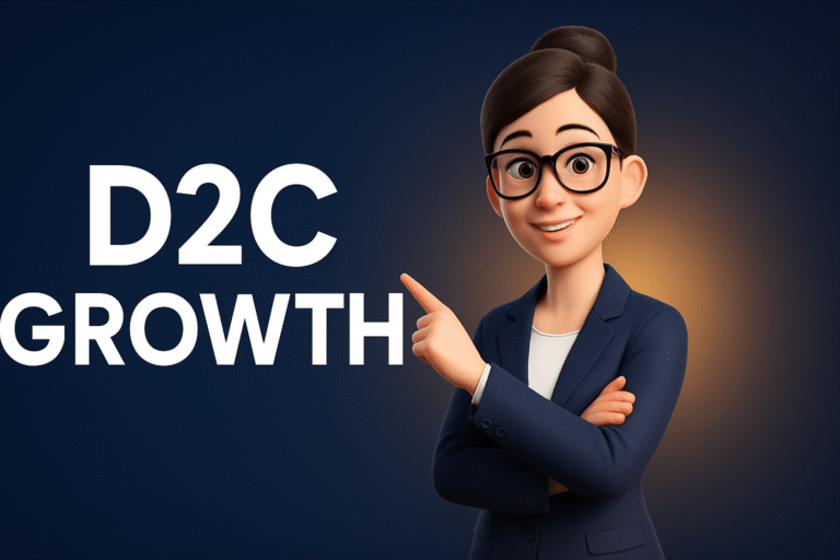 Infographic titled ‘D2C Marketing Strategy for Fast Growth’ showing a 16:9 layout with key growth levers for direct-to-consumer brands. Visual highlights core strategies such as brand positioning, performance marketing, customer retention, omnichannel distribution, influencer partnerships, and data-driven decision-making. Modern design with icons, arrows, and bold typography emphasizing rapid scaling and sustainable growth.