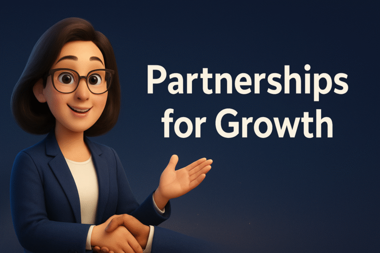 A professional business concept illustration showing two business partners shaking hands across a table, symbolizing trust and collaboration. Surrounding icons represent strategy, growth, and success — including graphs, upward arrows, gears, and a lightbulb. The visual highlights partnership as a key driver for innovation, shared resources, and long-term business growth.