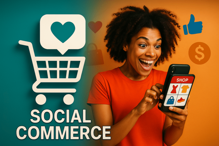 Illustration representing the rise of social commerce, customers shopping directly through social media platforms, with icons of shopping carts, social media apps, influencers promoting products, and digital transactions highlighting the future of integrated online shopping.