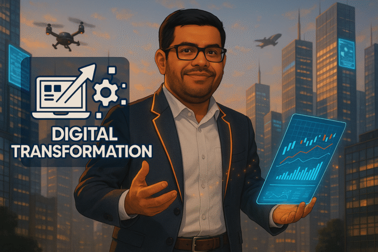 The guide ‘Digital Transformation Strategy 2025’ designed for leaders, with a futuristic theme representing technology, governance, and innovation in business transformation.