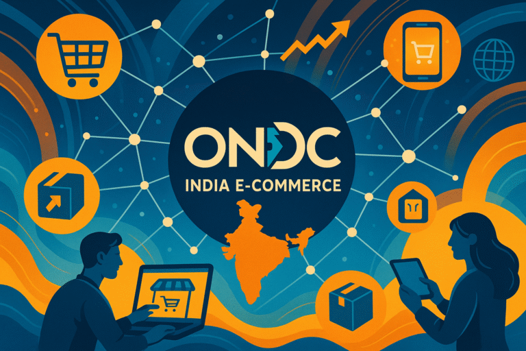 ONDC India E-commerce Revolution – illustration of India’s Open Network for Digital Commerce, showing interconnected small businesses, local shops, and digital platforms linked through a national e-commerce framework, symbolizing equal opportunity, digital inclusion, and transformation of the Indian online marketplace.