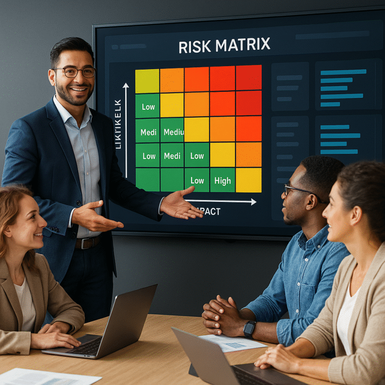 Project manager analyzing risk management plan with strategic visuals