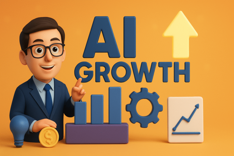A modern business strategy concept showing how artificial intelligence (AI) fuels growth. Visual elements may include upward growth arrows, digital transformation icons, and AI technology symbols representing innovation, efficiency, and competitive advantage.