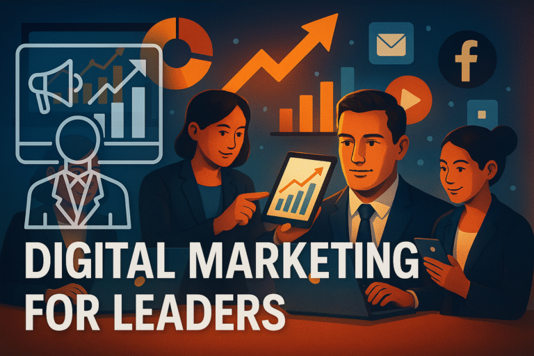 A professional digital marketing banner featuring the text “Digital Marketing for Leaders – Real Stories, Real Change.” The design conveys leadership, innovation, and transformation, emphasizing authentic experiences and impactful outcomes in digital marketing.